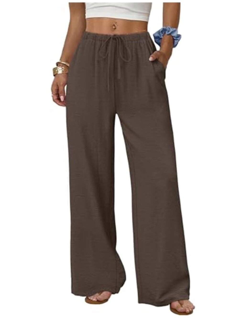Brown Wide Leg Palazzo Pants Flowy Drawstring Elastic Waist Pockets Boho